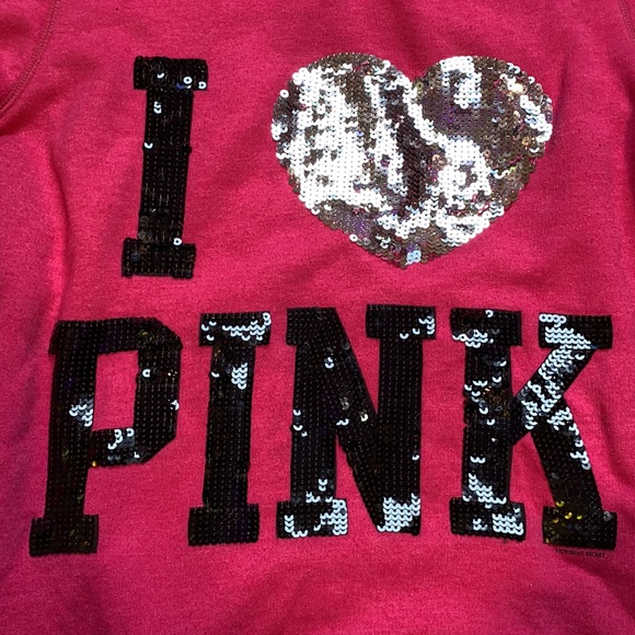 HP🛼[ VS PINK ] Old School Sequin Bling I Love Pink Hoodie - Picture 3 of 9